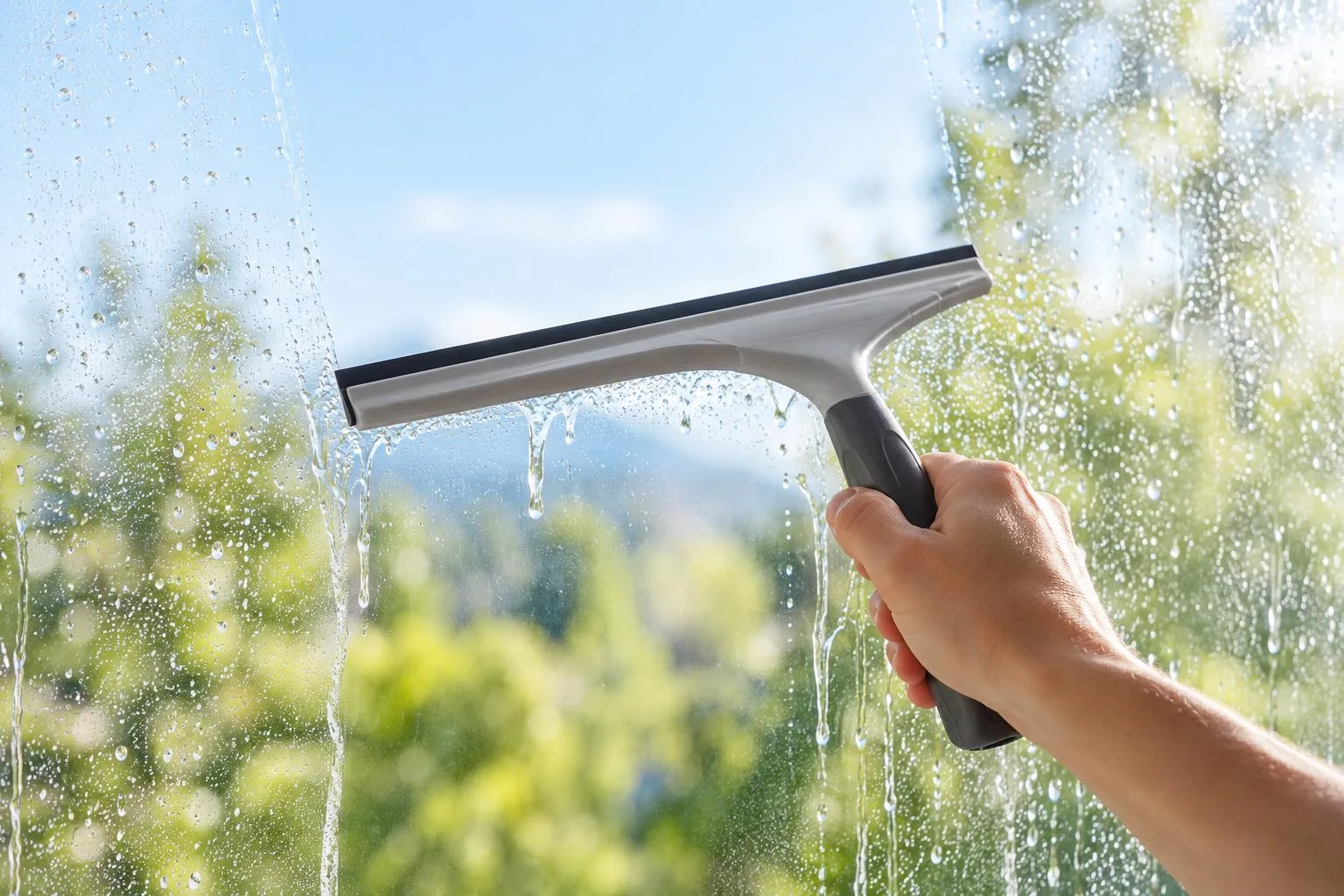 Fensterreinigung mit Abzieher und klarer Glasfläche